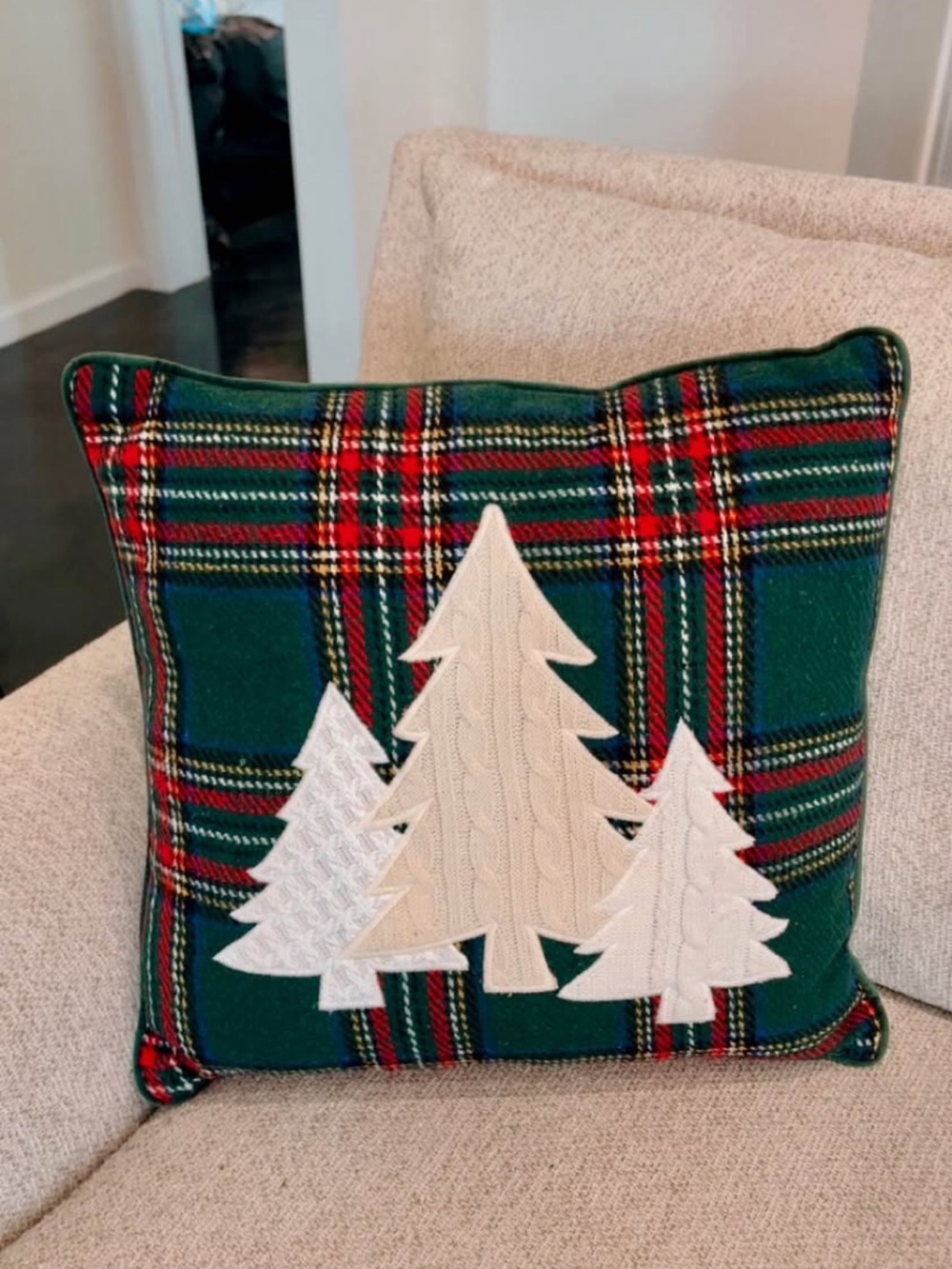 Kirklands Green Plaid Holiday Pillow with Cream Tree Appliqués